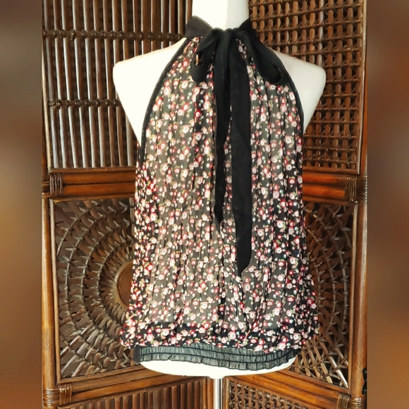 ICE VANILLA Sheer Blk/Red Floral Halter Top with Elastic Waist - Picture 4 of 12